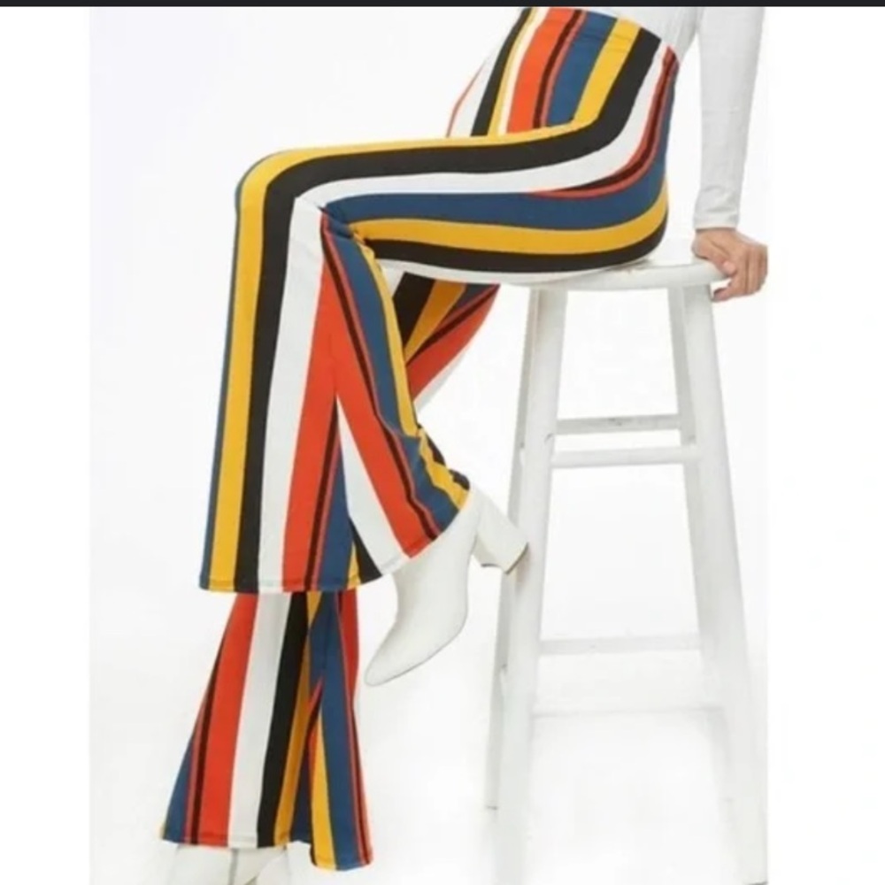 Boho High Waisted Retro Stretchy rave festival Flare Striped Pants preloved